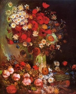  Poppies Painting - Vase with Poppies Cornflowers Peonies and Chrysanthemums Vincent van Gogh